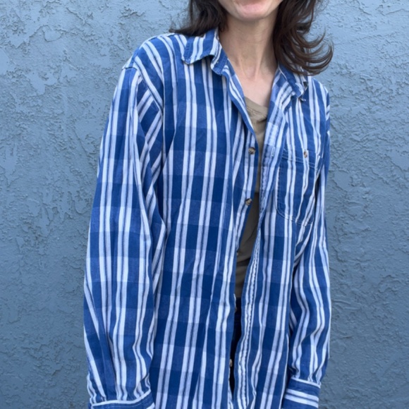 Vintage Cotton Shirt in Mens Large Blue Plaid 90s button down - Picture 10 of 11